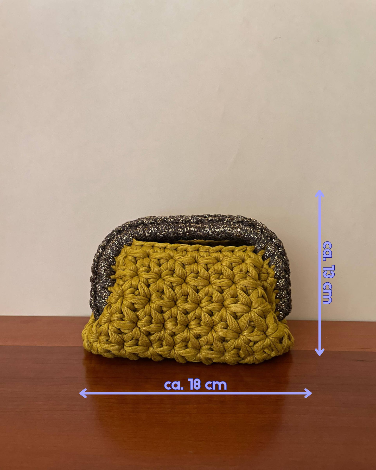 Borsa Crochet Handmade Senape con Manico Marrone Lurex
