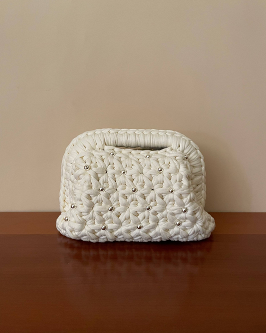 Borsa Crochet Handmade Avorio con Perline Argentate